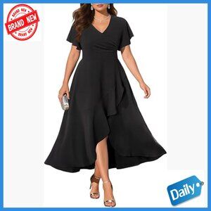 Plus Size Formal Wrap Dress High Low Hem V Neck Cocktail Wedding Guest